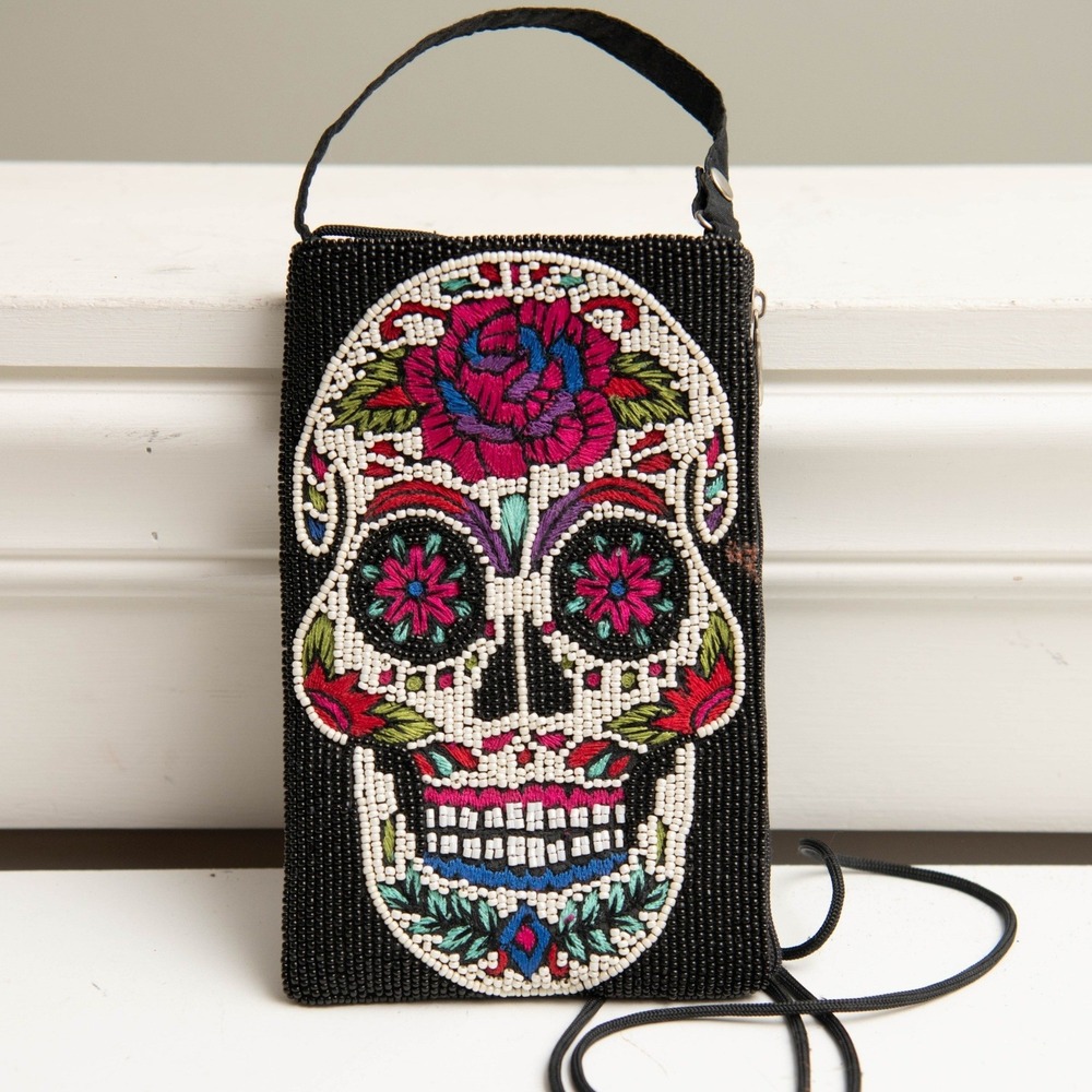 Bamboo Trading Co Beaded Skull Crossbody Bag Black Day of Dead Gothic Folk Art